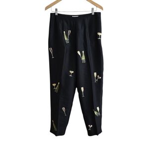 S.L.B. Vintage Black Embroidered Champagne Bottle & Flute 100% Silk Pants. SZ 10